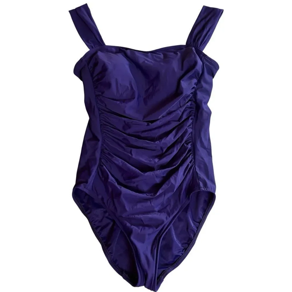 Trimshaper Indigo Blue Purple Slimming Ruched One Piece Swimsuit Size 10